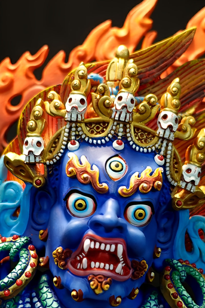 alt text: Brass Vajrapani statue with mineral paint, perfect for Buddhist art lovers and those looking for a unique Buddha statue.