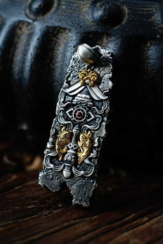 Tibetan Buddhist Eight Treasures pendant handcrafted in S925 silver and copper