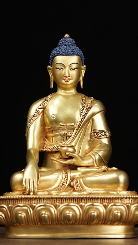 Shakyamuni Buddha statue with extensive gilding, hand-painted mineral colors, authentic Tibetan Buddhist statues and sacred Buddha statue art.