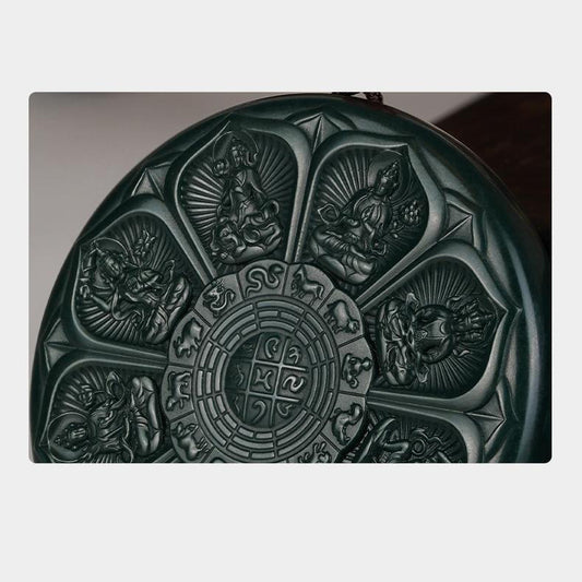 Tibetan Buddhist handcrafted Hetian green jade “Union of Treasures” men’s pendant symbolizing wealth and harmony.