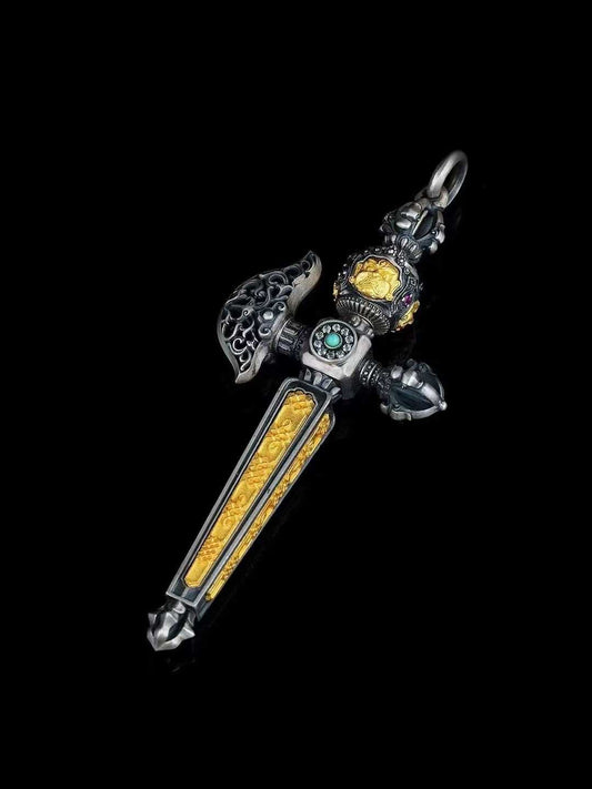 Handcrafted Tibetan Buddhist Mahakala Phurba Vajra Axe pendant made of S925 silver with fine inlay.