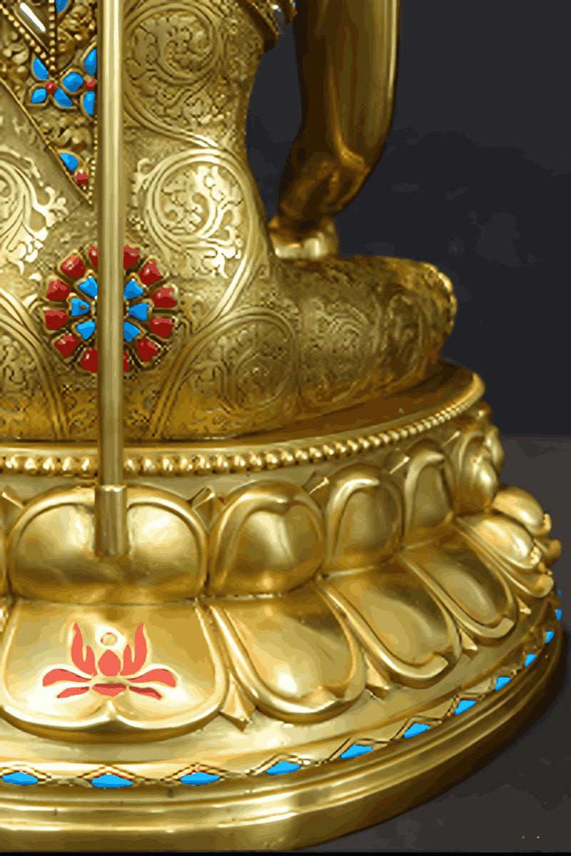 Classic Tibetan Buddhist Shakyamuni Buddha, handmade brass statue with colorful mineral painting, a masterpiece of Buddhist Art.