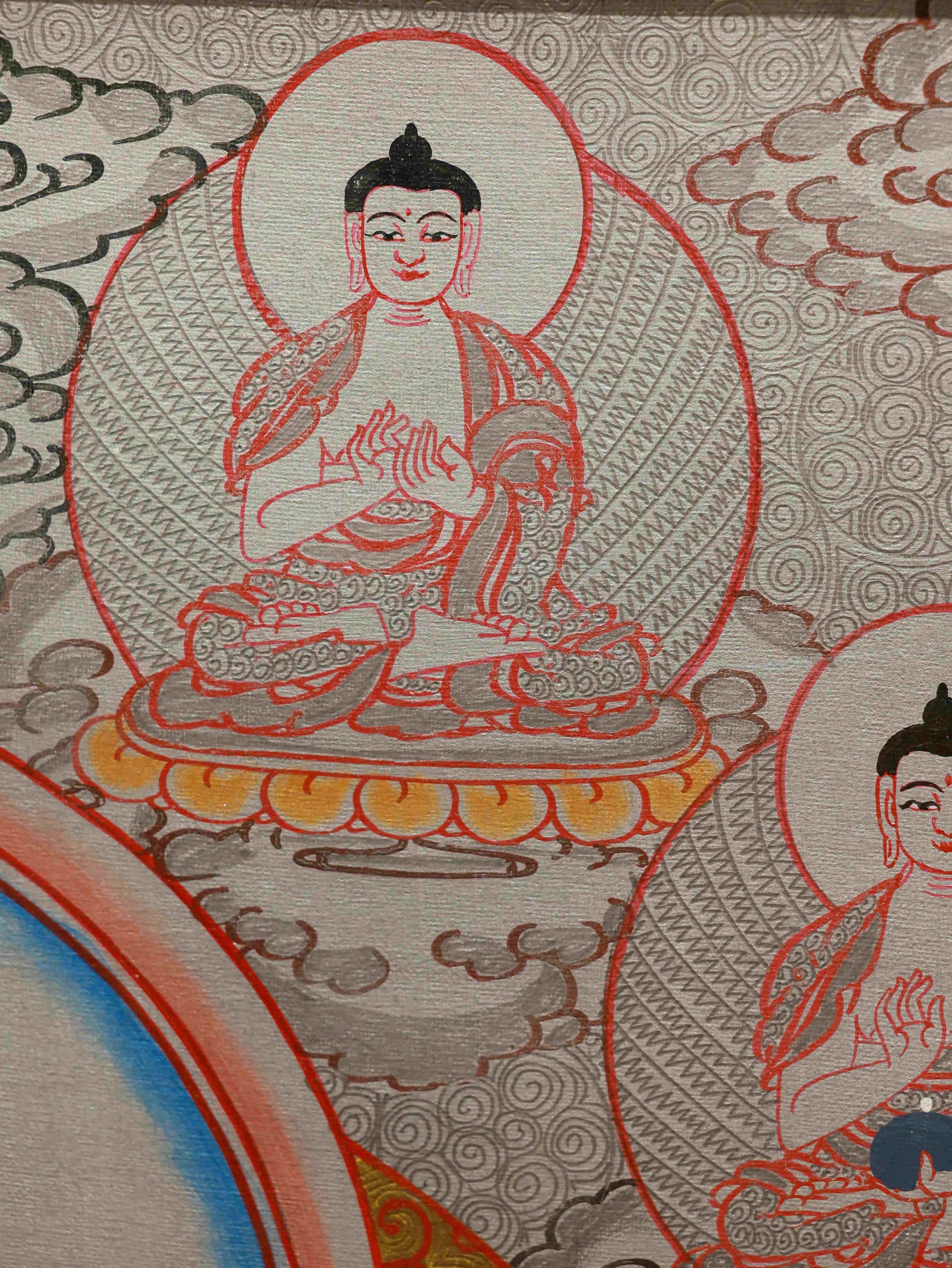 Handmade Tibetan Thangka Painting of Silver Foil Yellow Dzambhala – sacred Buddhist prosperity art.