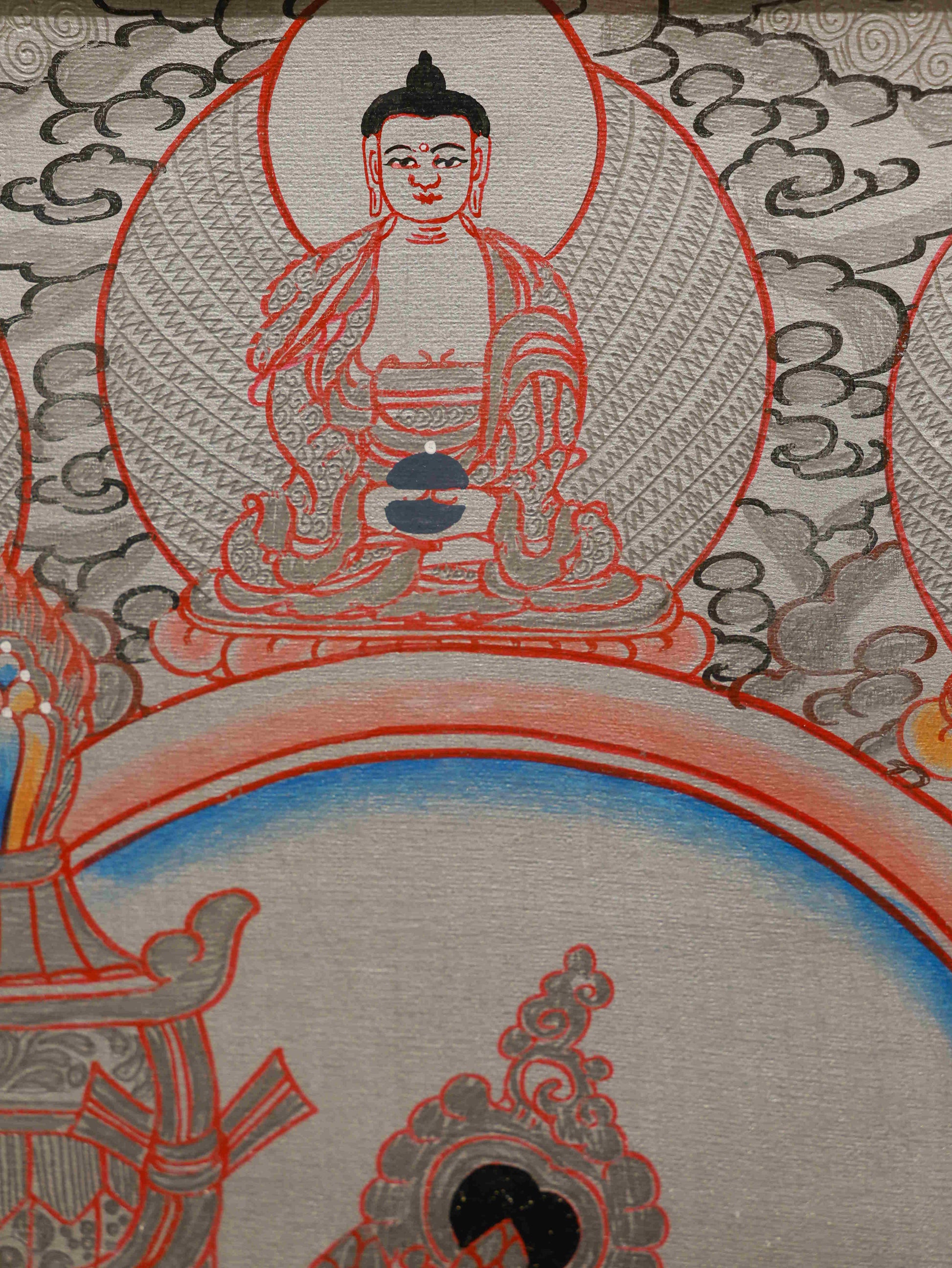 Silver Foil Tibetan Thangka of Yellow Dzambhala – traditional hand-painted Buddhist art of prosperity.