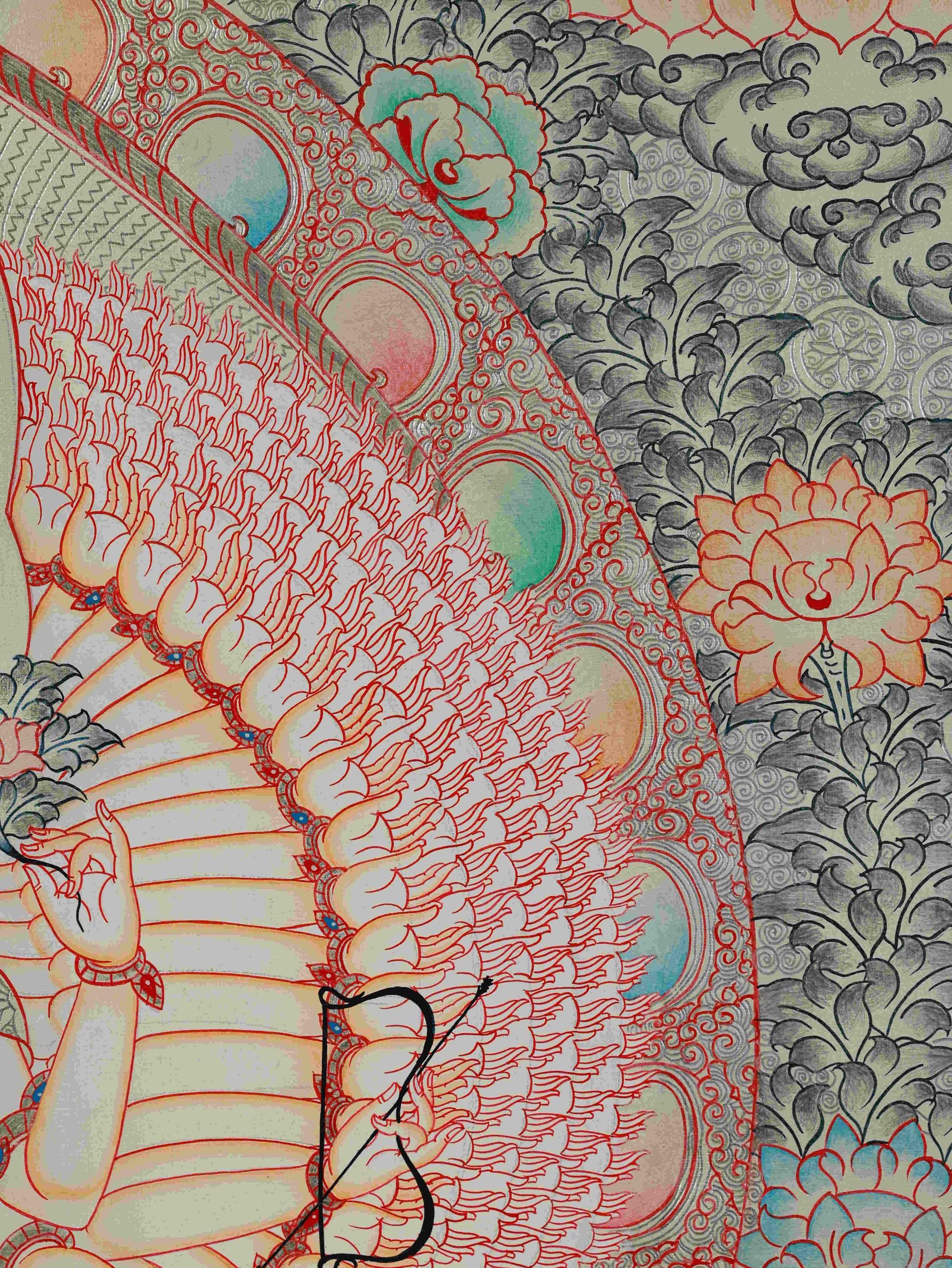 Handcrafted Silver Leaf Guanyin Thangka Painting – authentic Tibetan Buddhist sacred art.