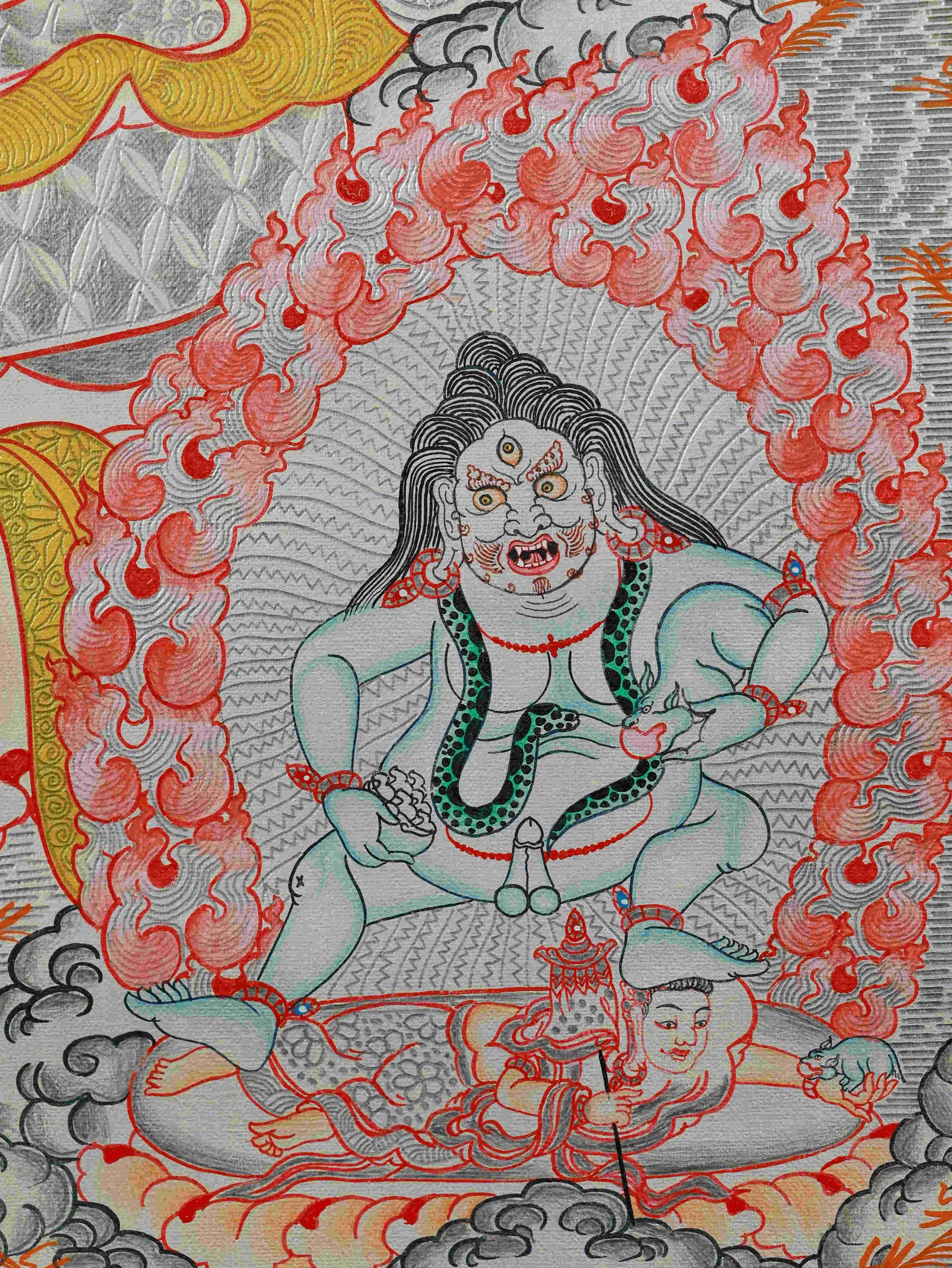Tibetan Thangka Painting of Yellow Dzambhala on canvas – detailed Silver Foil sacred art.