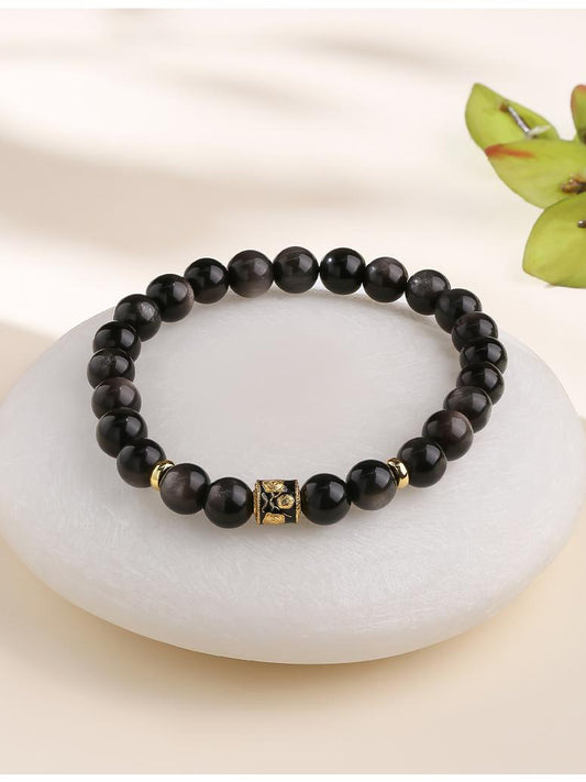 Tibetan-Buddhist Xingye Silver Obsidian Bracelet with 7.5mm beads, handmade with elastic 16cm design.