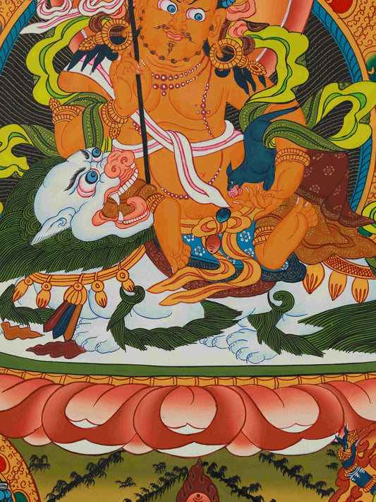 Traditional Tibetan Buddha art depicting Yellow Jambhala, the deity of wealth and prosperity, in a detailed handmade Thangka painting.