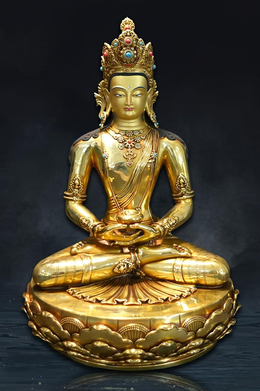 Hand-painted Tibetan Buddhist brass Medicine Buddha Shakyamuni statue, traditional Buddhist art craftsmanship.