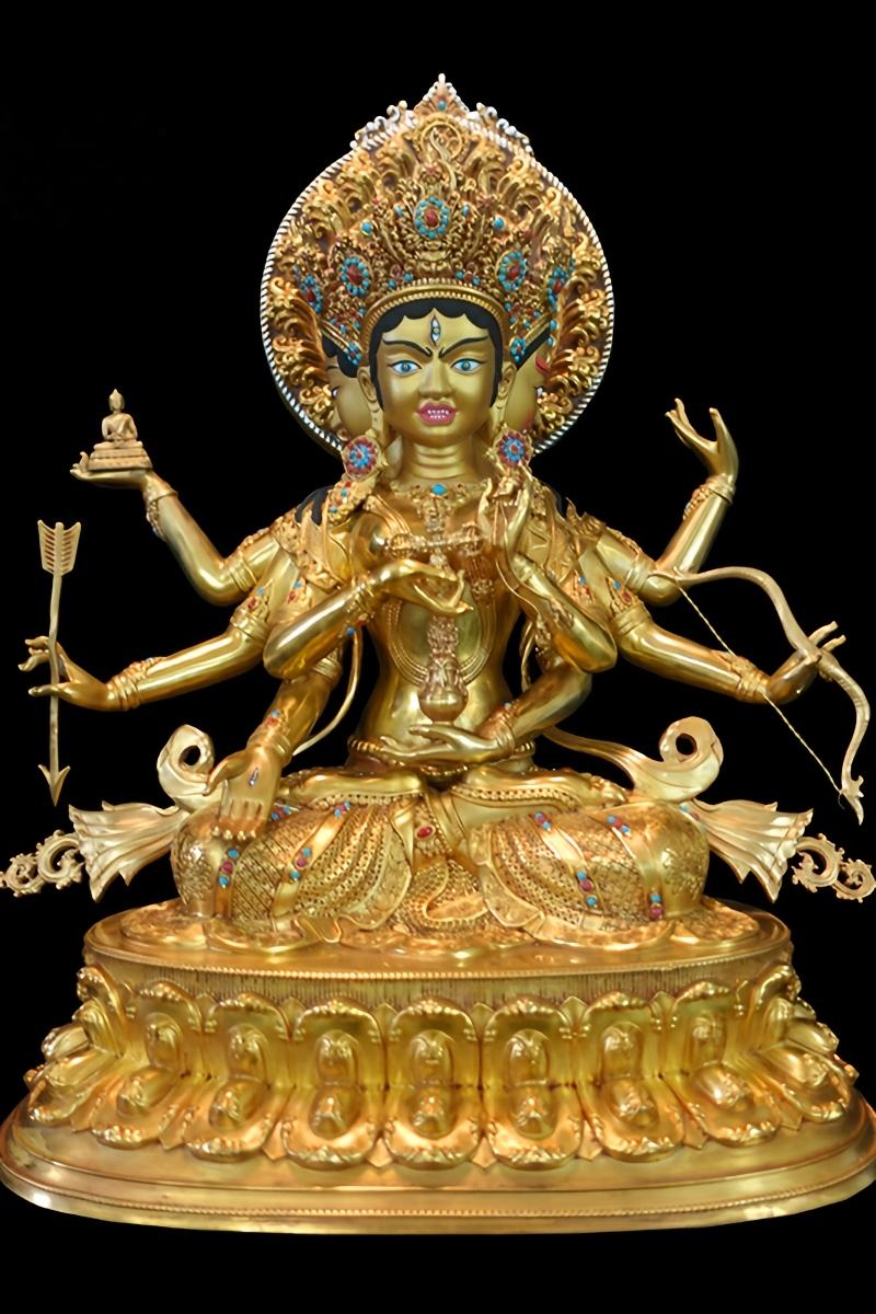 Handmade brass Ushnisha Vijaya statue with mineral pigments, Tibetan Buddhist art symbolizing longevity, wisdom, and protection.
