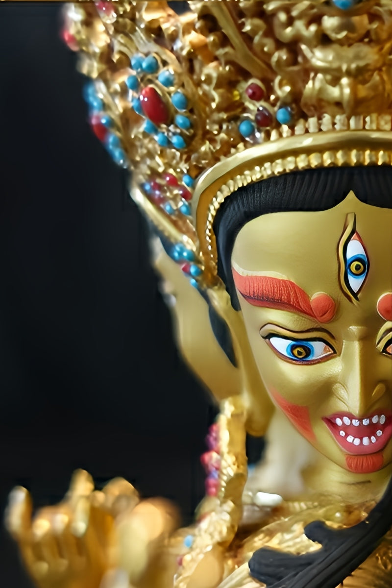 Tibetan Buddhist Ushnisha Vijaya brass statue, hand-painted with mineral pigments, a Buddhist art piece for wellness and longevity.