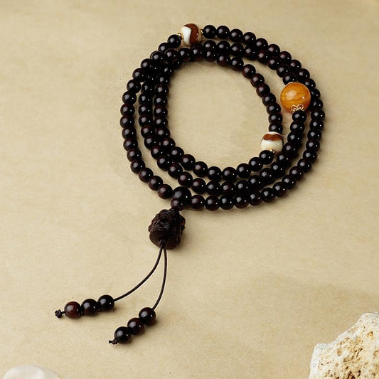Red sandalwood and amber mala necklace with 925 silver spacers and turquoise accents