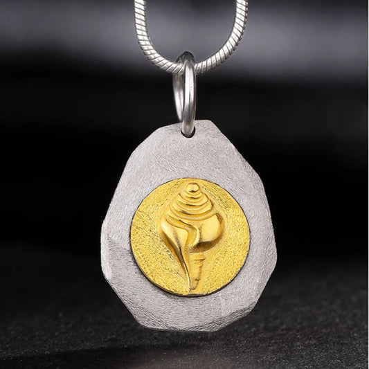 Handmade Tibetan Buddhist Golden Conch 925 Silver Pendant on Leather Necklace – Spiritual Jewelry for Protection and Prosperity