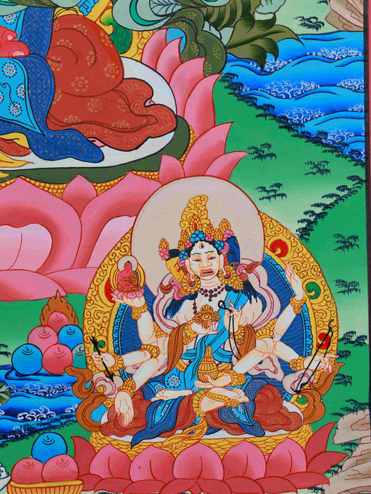 Tibetan Buddhist Thangka of Medicine Buddha, crafted with mineral pigments, perfect for meditation and spiritual practice.