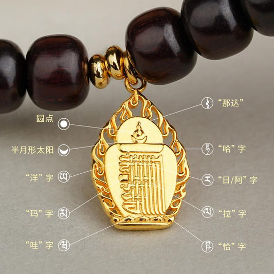 Tibetan Buddhist rosewood and copper necklace featuring an Eight Trigrams talisman symbolizing balance and harmony.