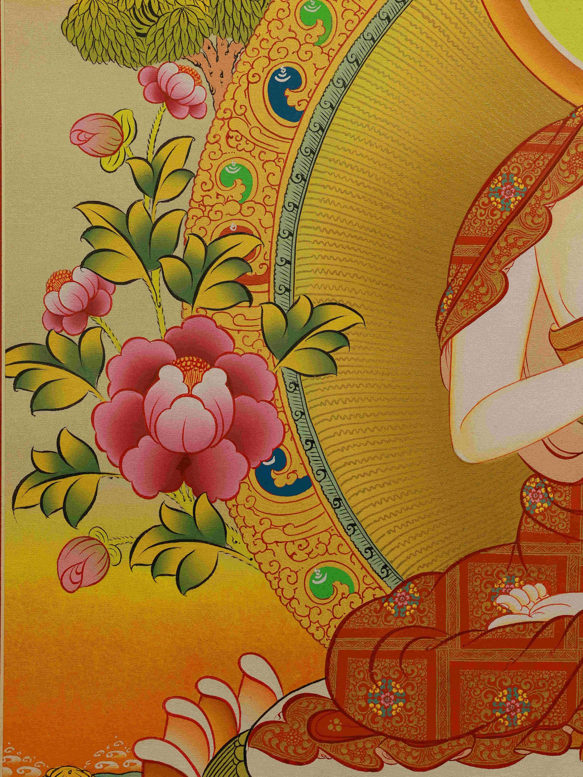Sacred Thangka painting of Shakyamuni Buddha on canvas with mineral pigments.