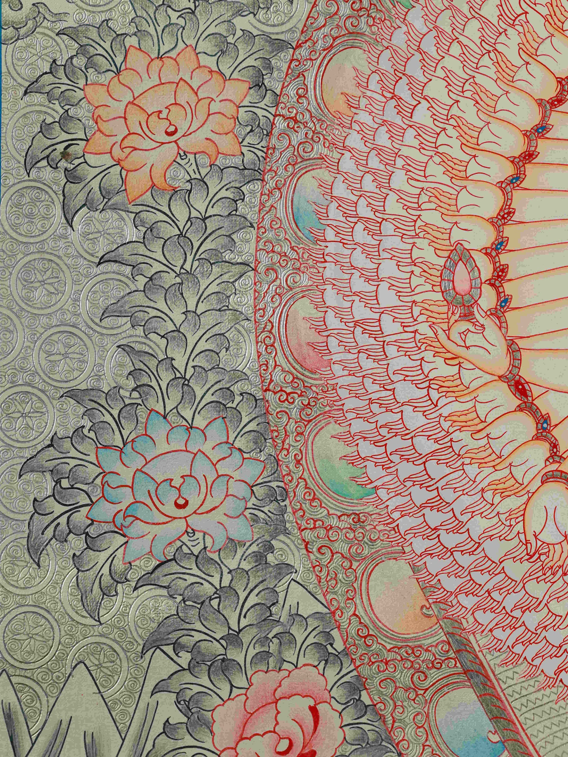 Silver Foil Tibetan Thangka Painting of Thousand-Hand Avalokiteshvara – spiritual Buddhist artwork.
