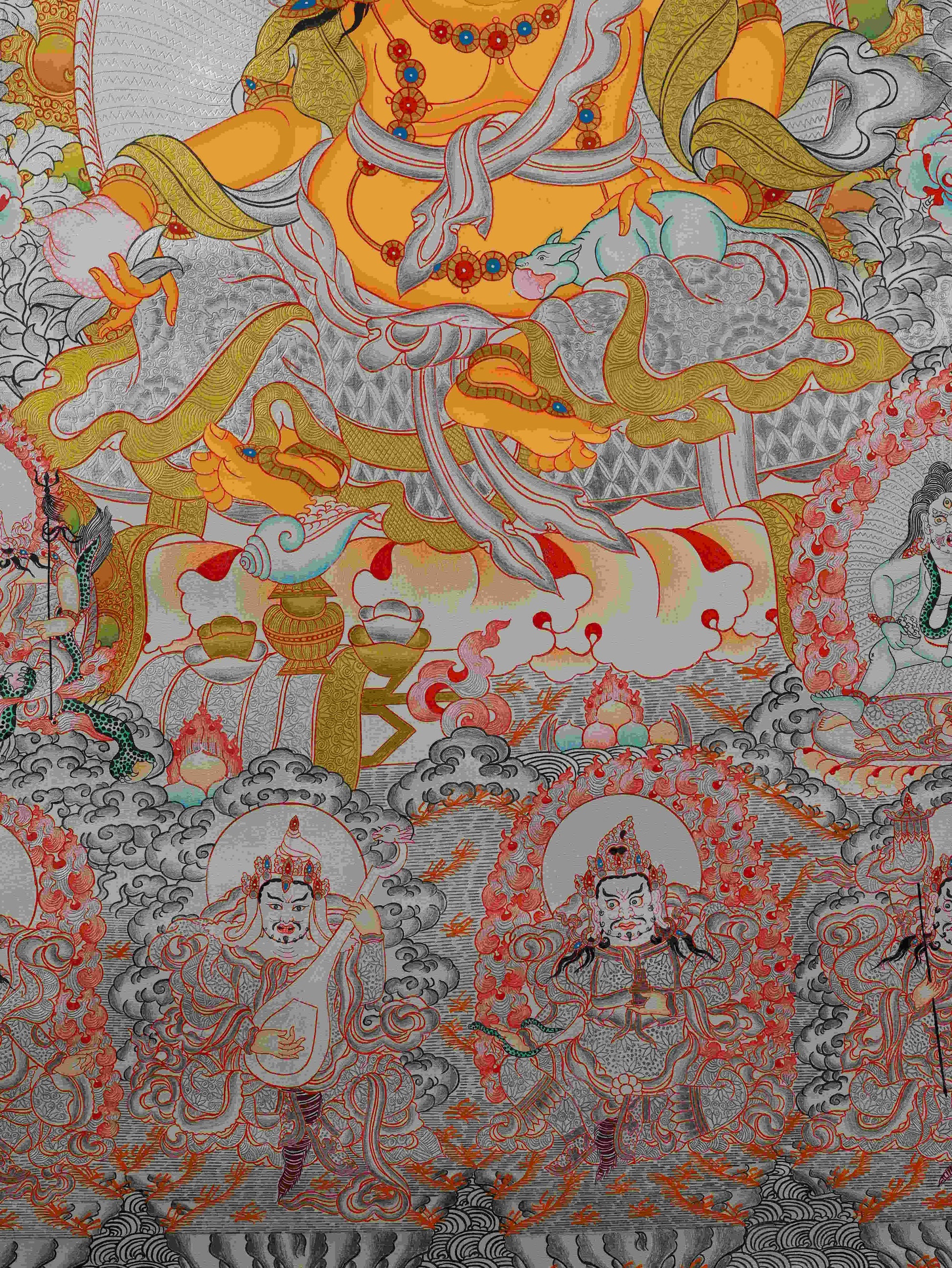 Handcrafted Silver Leaf Yellow Dzambhala Thangka Painting – authentic Tibetan Buddhist art.
