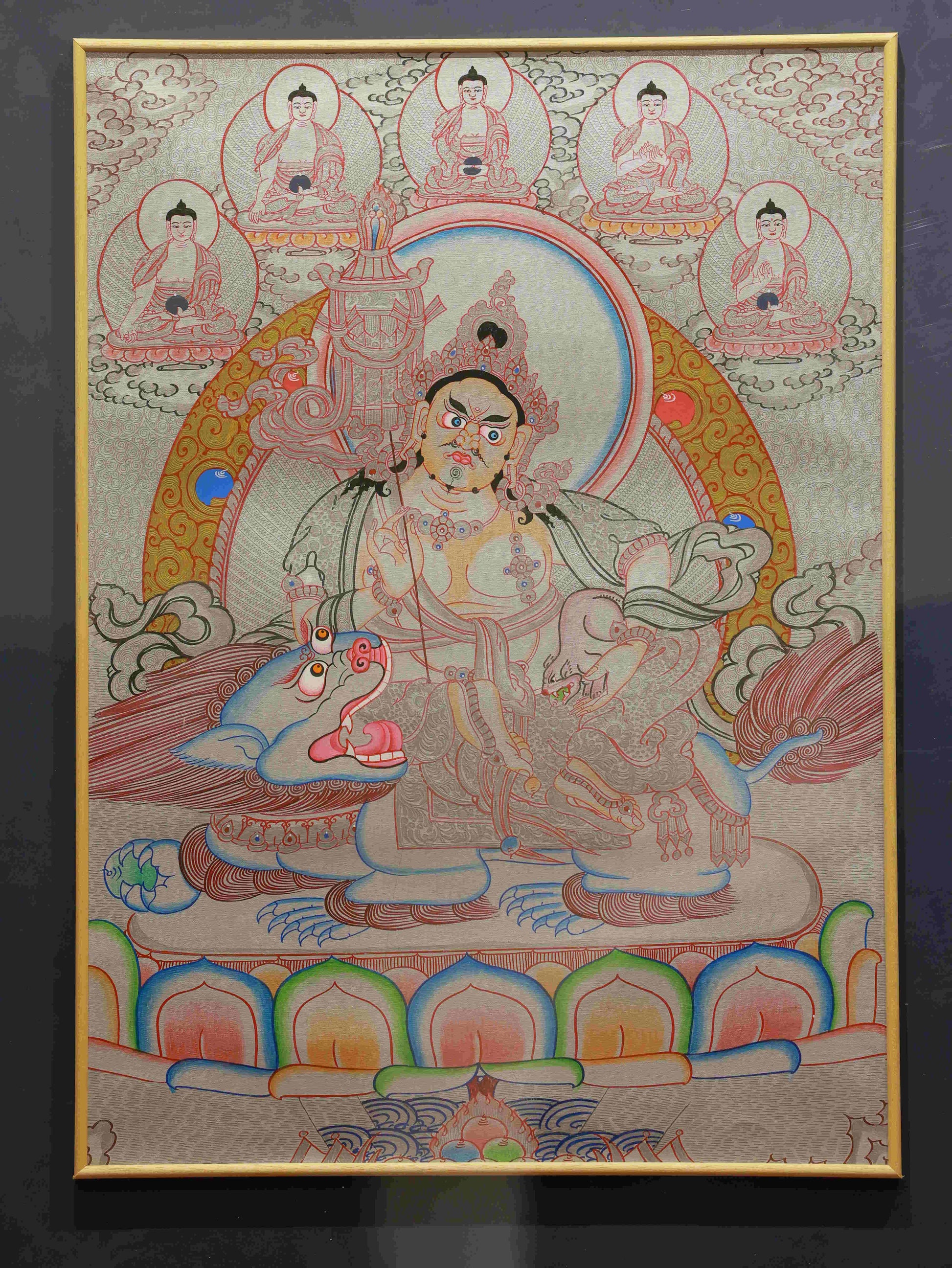 Hand-painted Tibetan Buddhist Silver Foil Yellow Dzambhala Thangka – traditional Buddhist wealth deity thangka painting.
