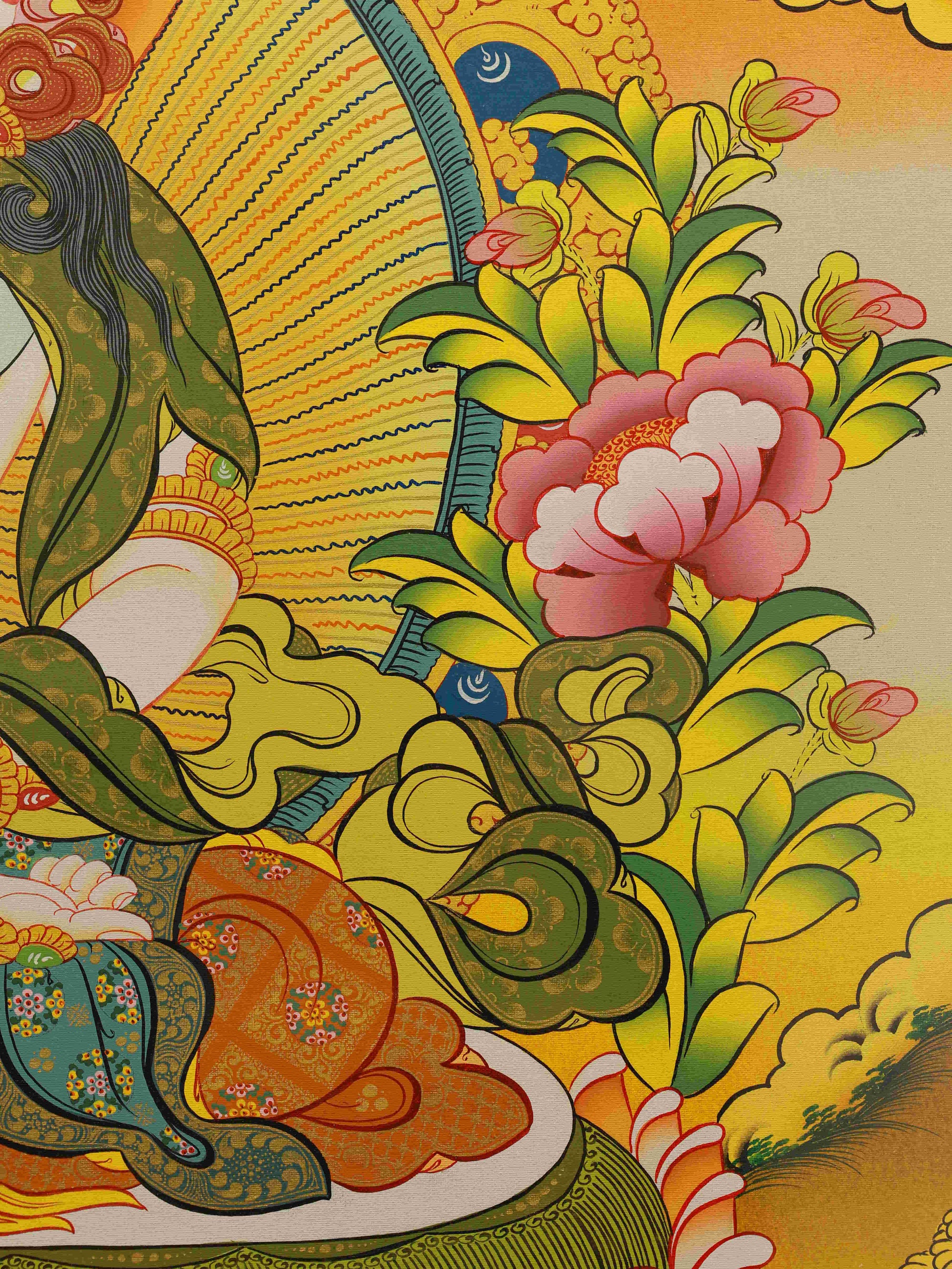 Handmade Tibetan Thangka Painting of Vairocana Buddha – sacred Buddhist art symbolizing supreme enlightenment.