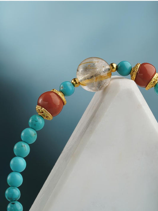 handmade Tibetan-buddhist turquoise bracelet on wooden altar, pure turquoise gemstone Tibetan jewelry symbolizing peace and mindfulness