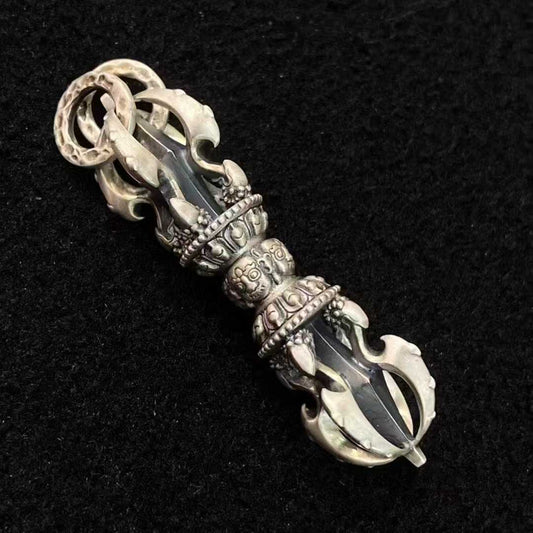 Artisan-crafted Tibetan-Buddhist Vajra ritual axe pendant in sterling silver.