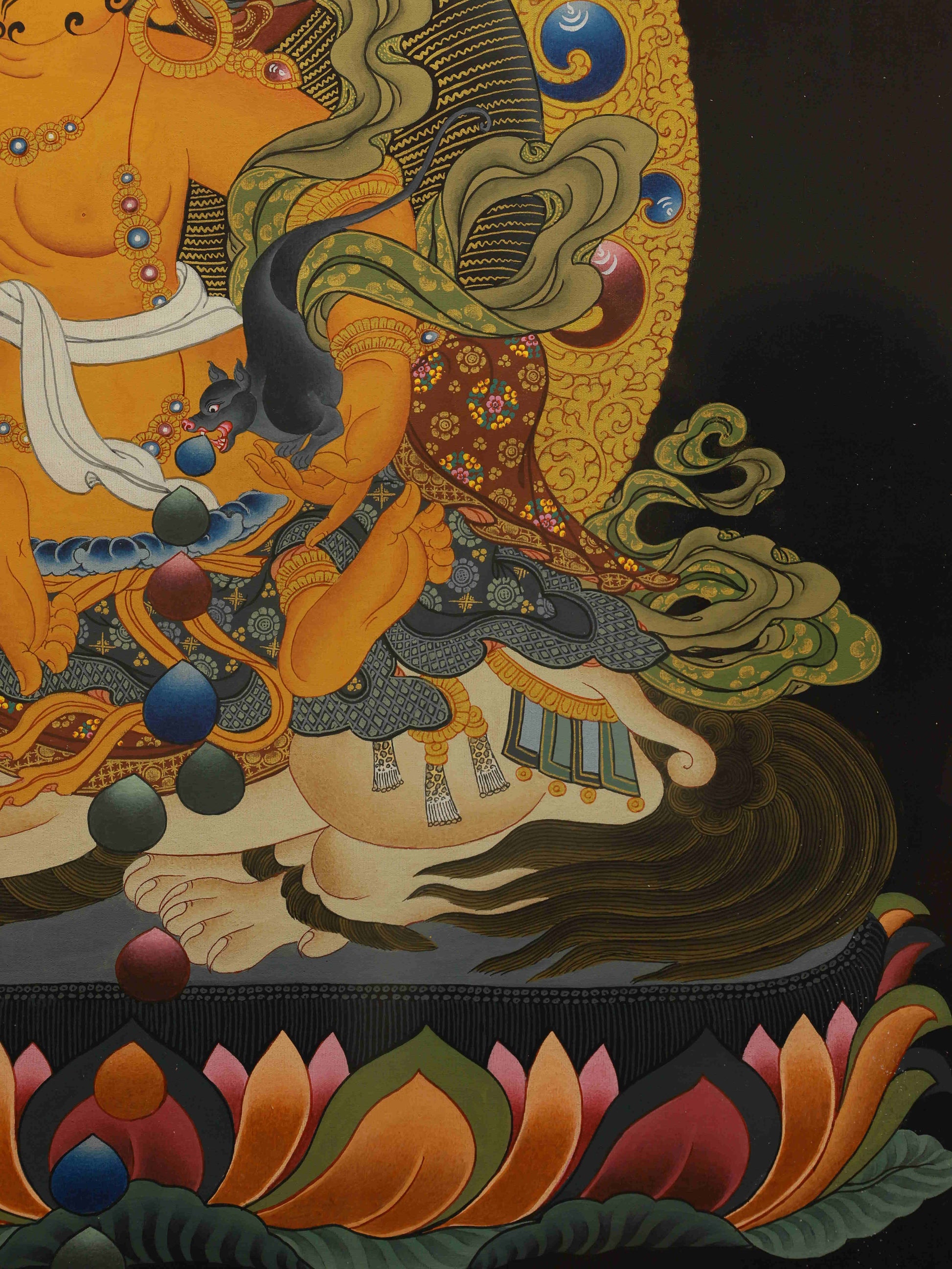 Authentic Yellow Dzambhala Thangka painting, Tibetan art of wealth and generosity.