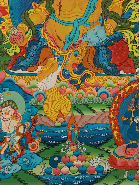 Hand-painted Yellow Jambhala Thangka, Tibetan Buddhist artwork representing wealth, prosperity, and protection.