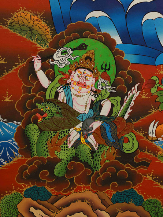 Tibetan thangka art of Yellow Jambhala, the Buddhist deity of abundance and fortune.