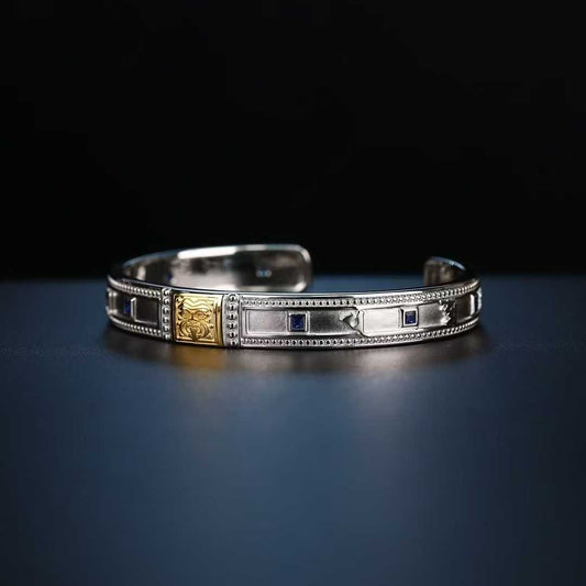 Handcrafted Tibetan Buddhist Zakiram bracelet made of pure gold and silver with fine inlay.