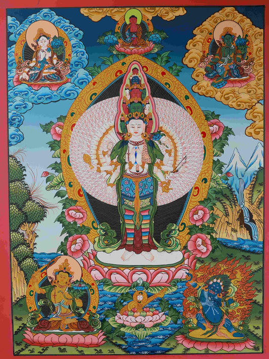 Hand-painted Tibetan Buddhist Avalokiteshvara Thangka, 75x50cm, symbolizing compassion and mercy.