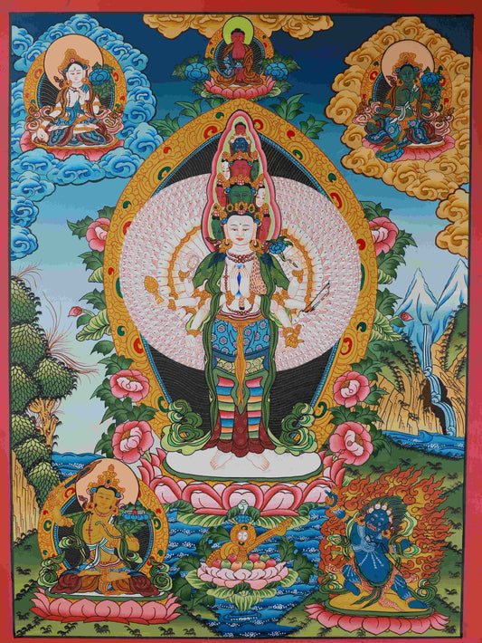 Tibetan Thangka painting of Avalokiteshvara, hand-painted on canvas with mineral pigments, promoting peace.