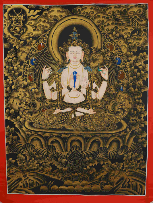 Hand-painted Black-Gold Four-Armed Avalokiteshvara Thangka, Tibetan Buddhist art symbolizing compassion and protection.