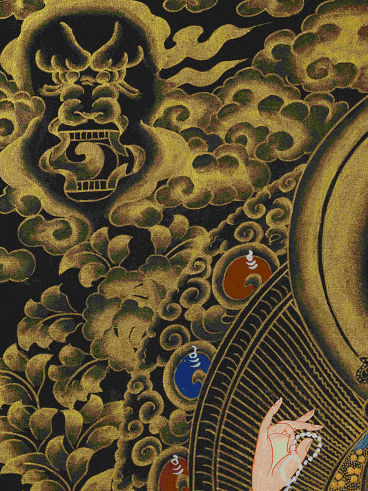 Tibetan Thangka painting of Four-Armed Avalokiteshvara, crafted with mineral pigments on canvas, sacred black-gold artwork.