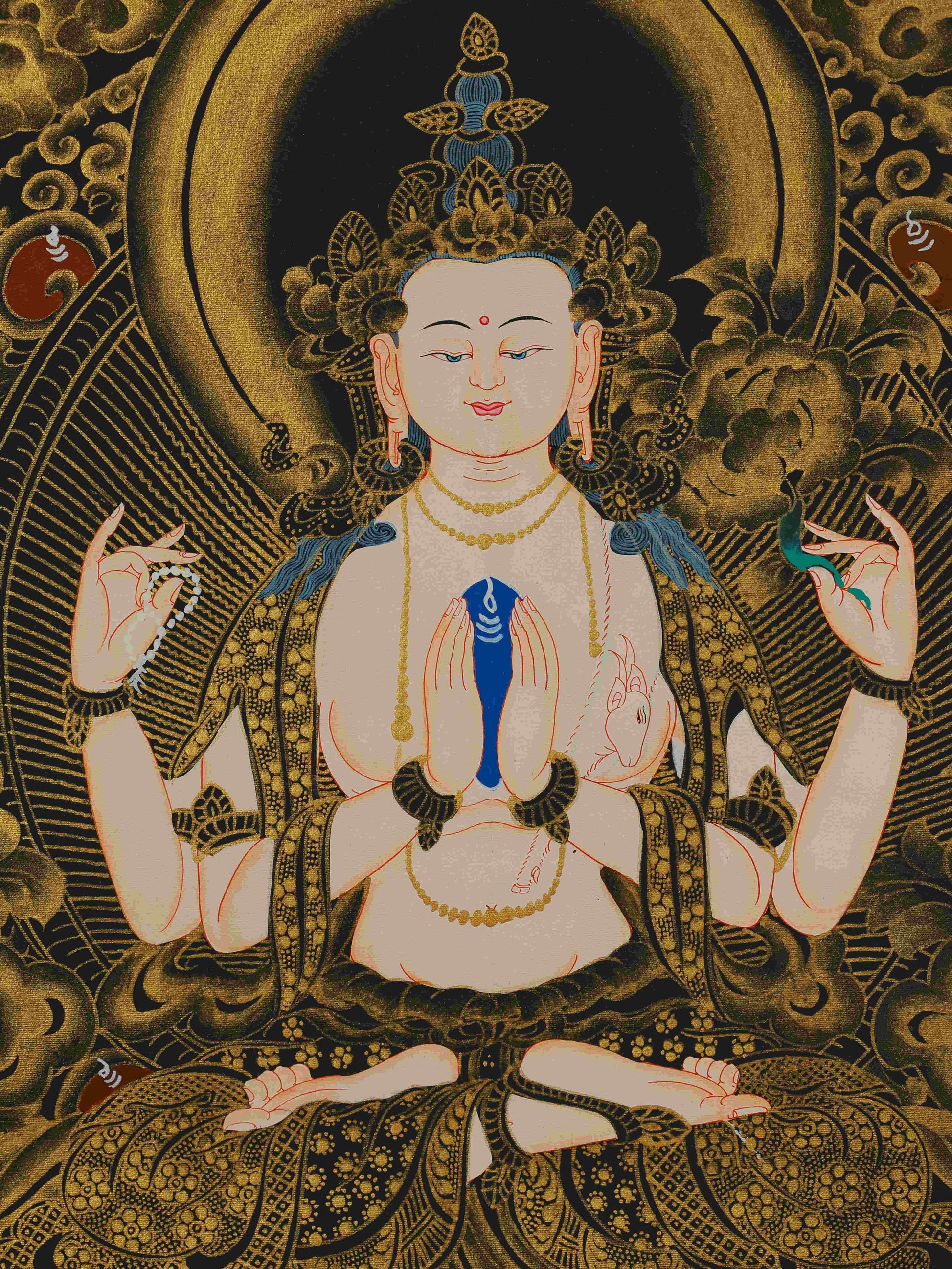 Black-Gold Four-Armed Avalokiteshvara Thangka, symbolizing purity, peace, and spiritual awakening.