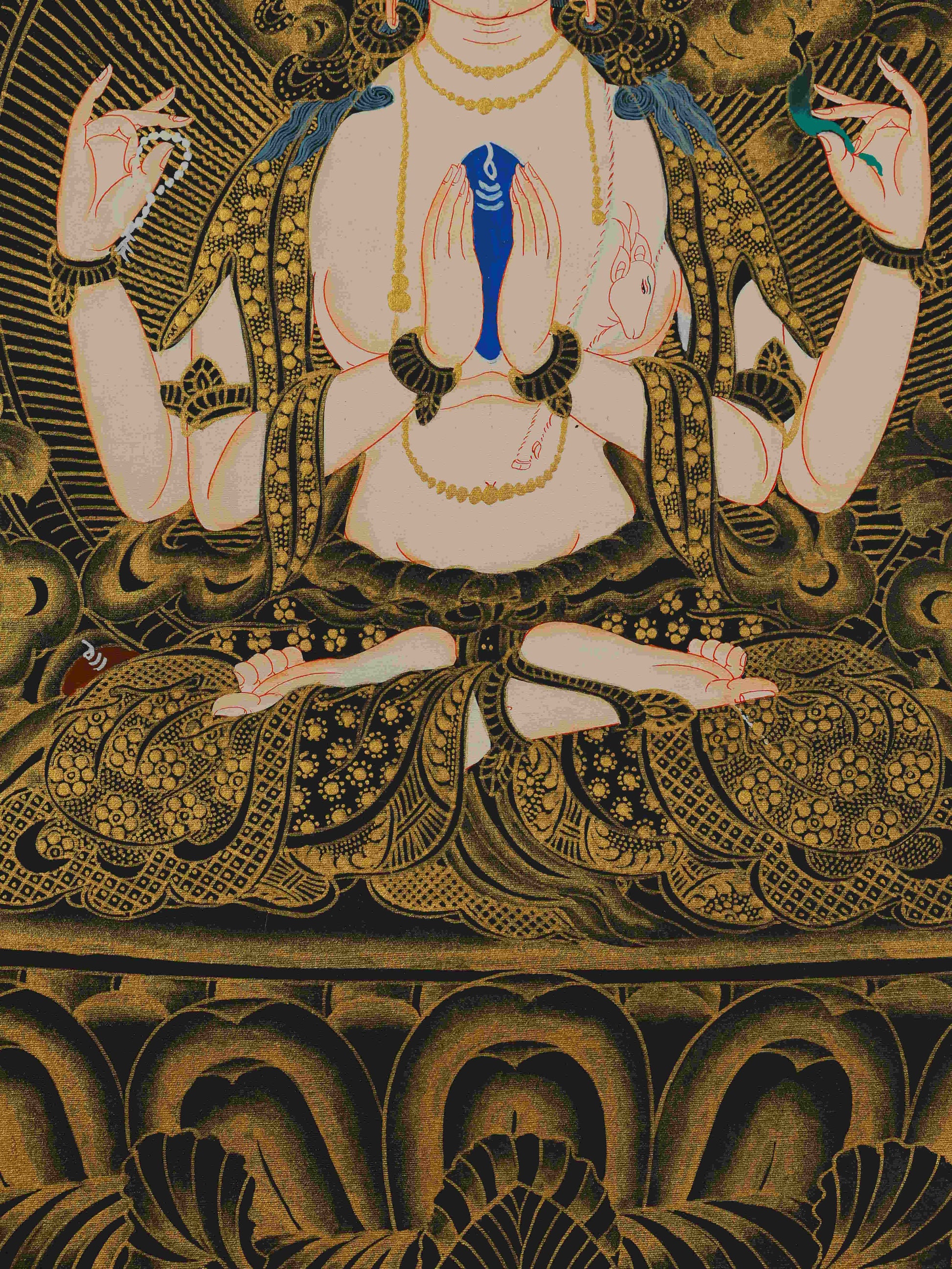 Tibetan Buddhist Thangka painting of Avalokiteshvara, handmade with mineral pigments for meditation and devotion.