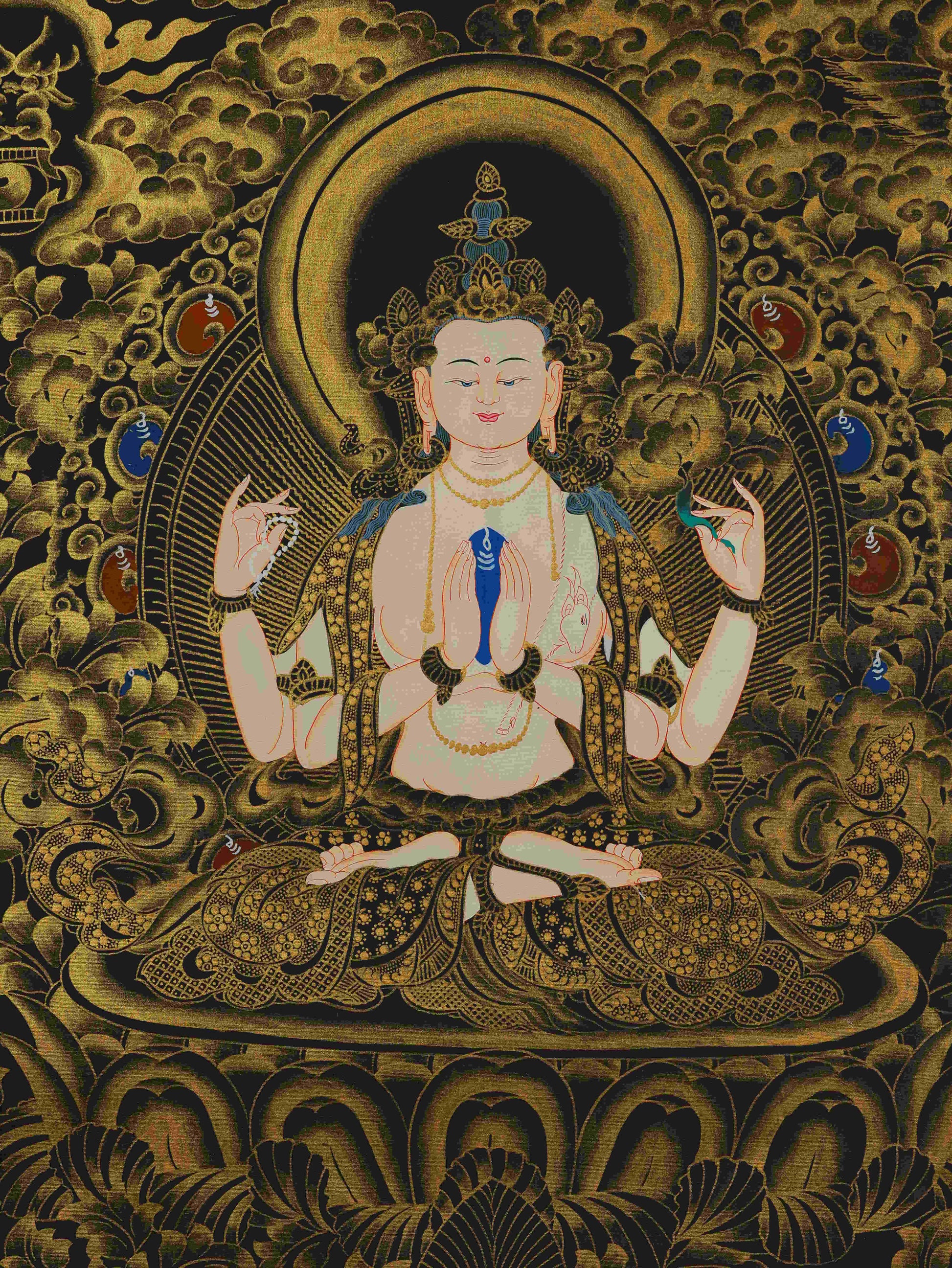 Traditional Black-Gold Avalokiteshvara Thangka, promoting compassion, healing, and inner harmony.