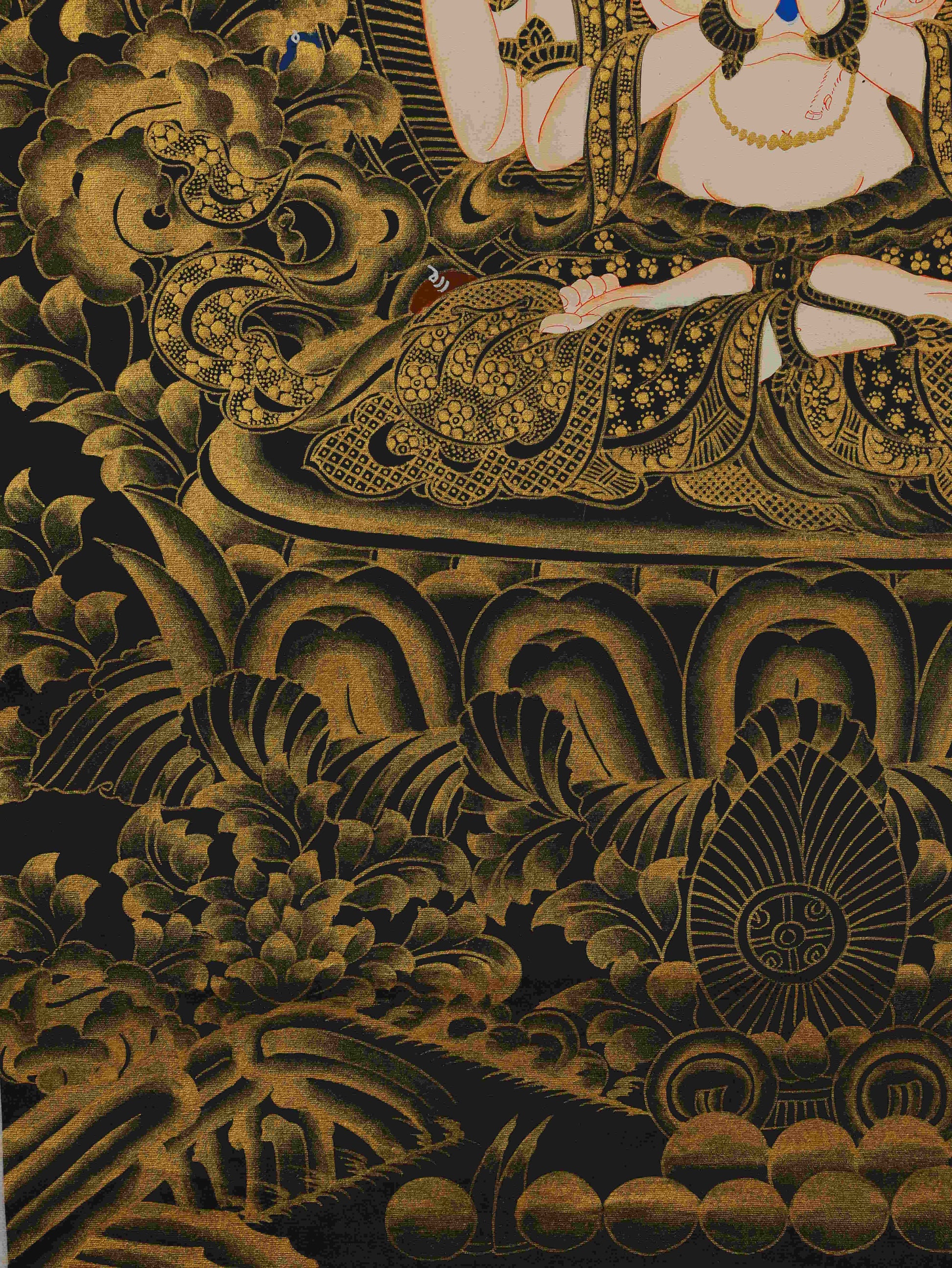 Tibetan Buddhist Black-Gold Avalokiteshvara Thangka, perfect for healing and spiritual wellness.