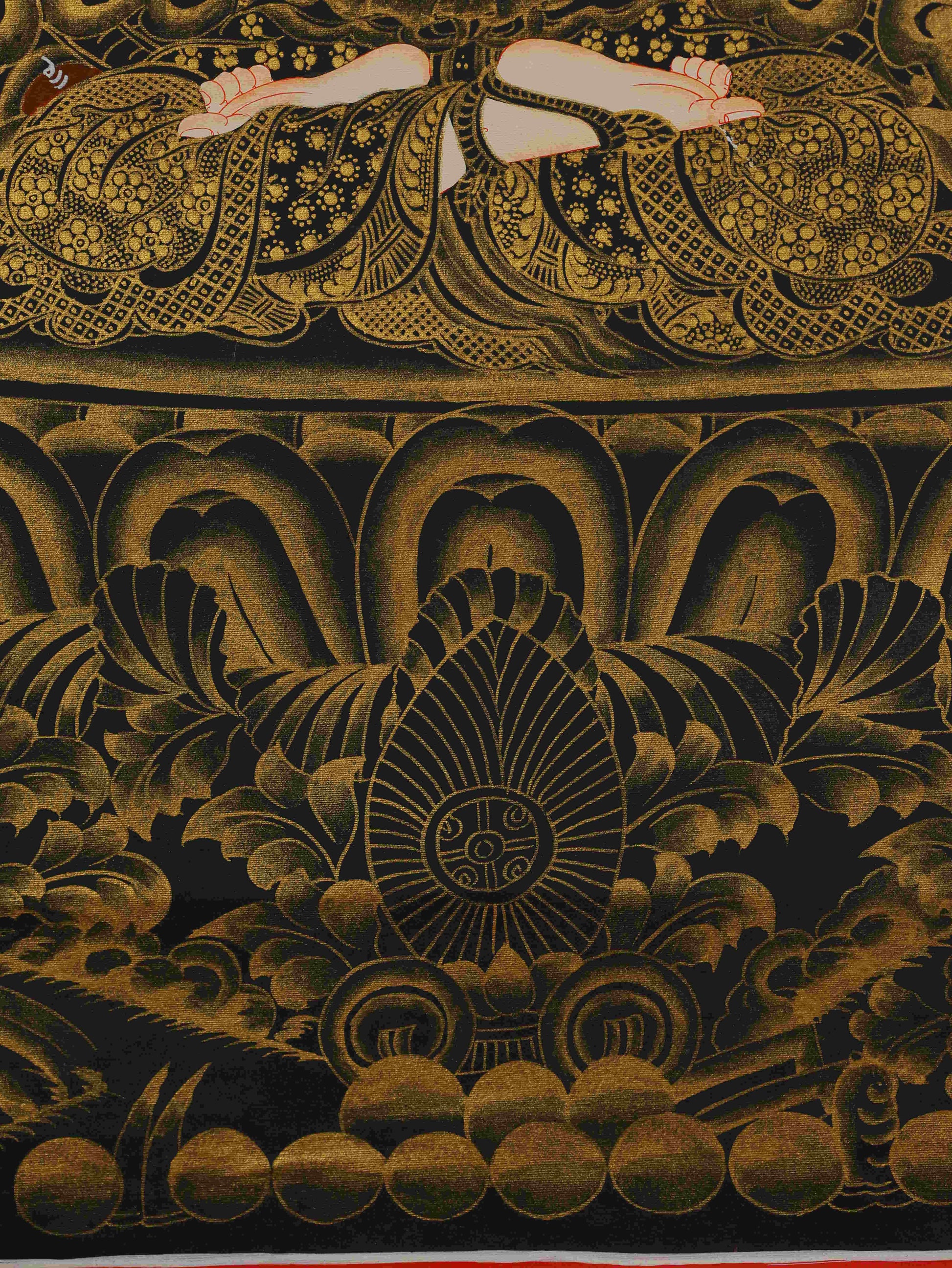 Exquisite hand-painted Avalokiteshvara Thangka, crafted with black and gold pigments symbolizing wisdom and compassion.