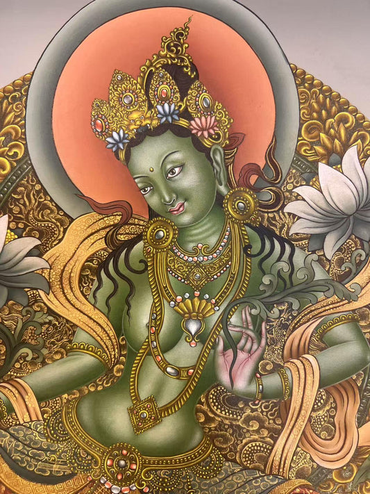 Pure Handpainted Green Tara Tibetan Thangka Art with Mineral Paint