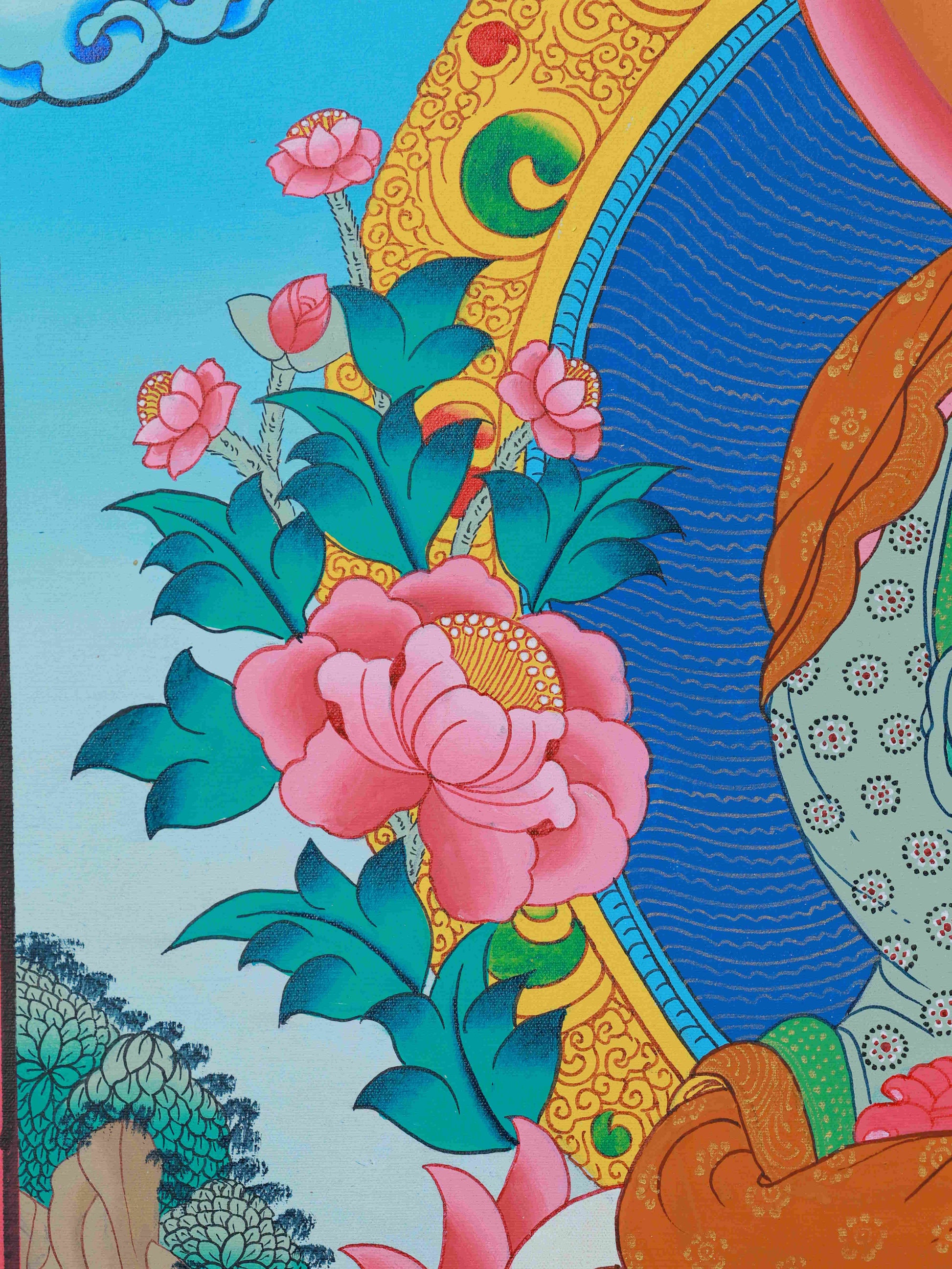 Medicine Buddha Thangka, Tibetan Buddhist artwork symbolizing health, peace, and spiritual awakening.