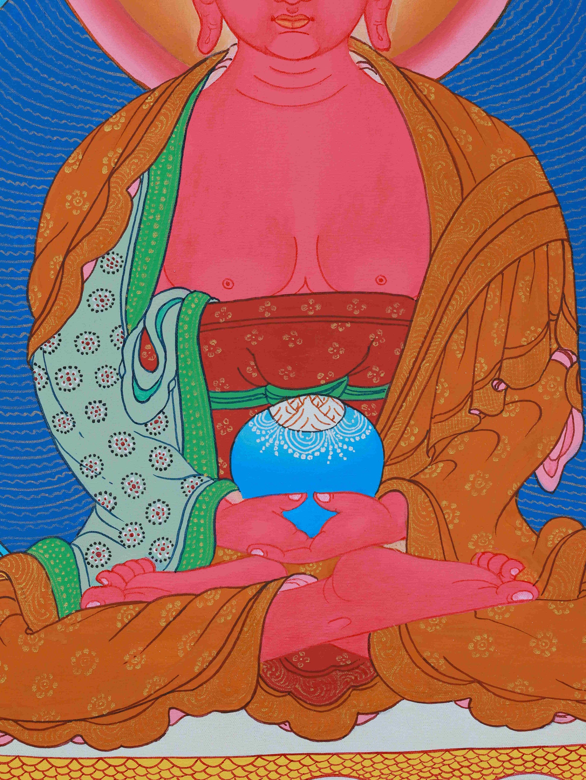 Traditional Medicine Buddha Thangka, hand-painted with mineral pigments, enhancing meditation and devotion.