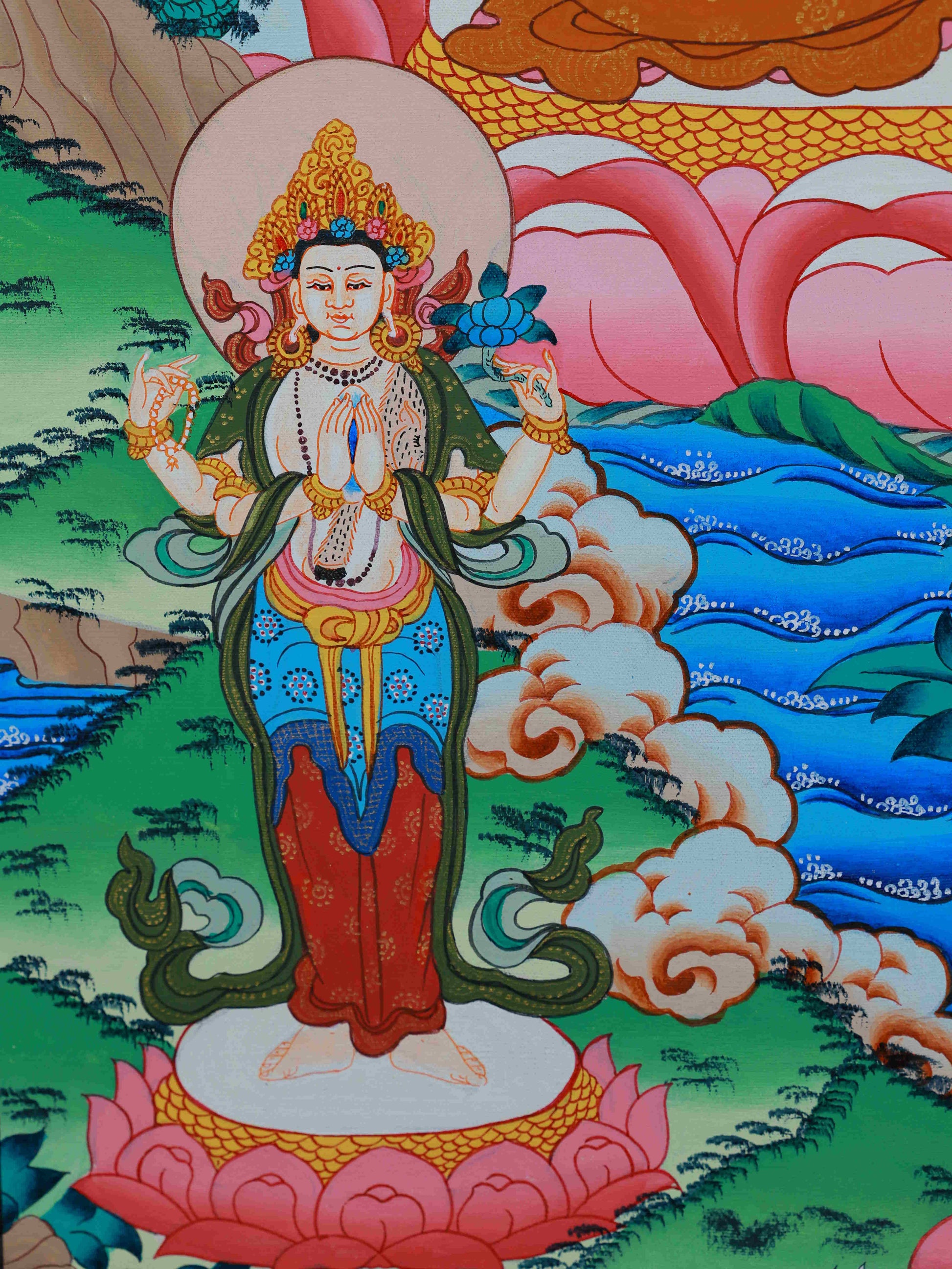Tibetan Buddhist hand-painted Medicine Buddha Thangka, sacred artwork for healing and spiritual practice.