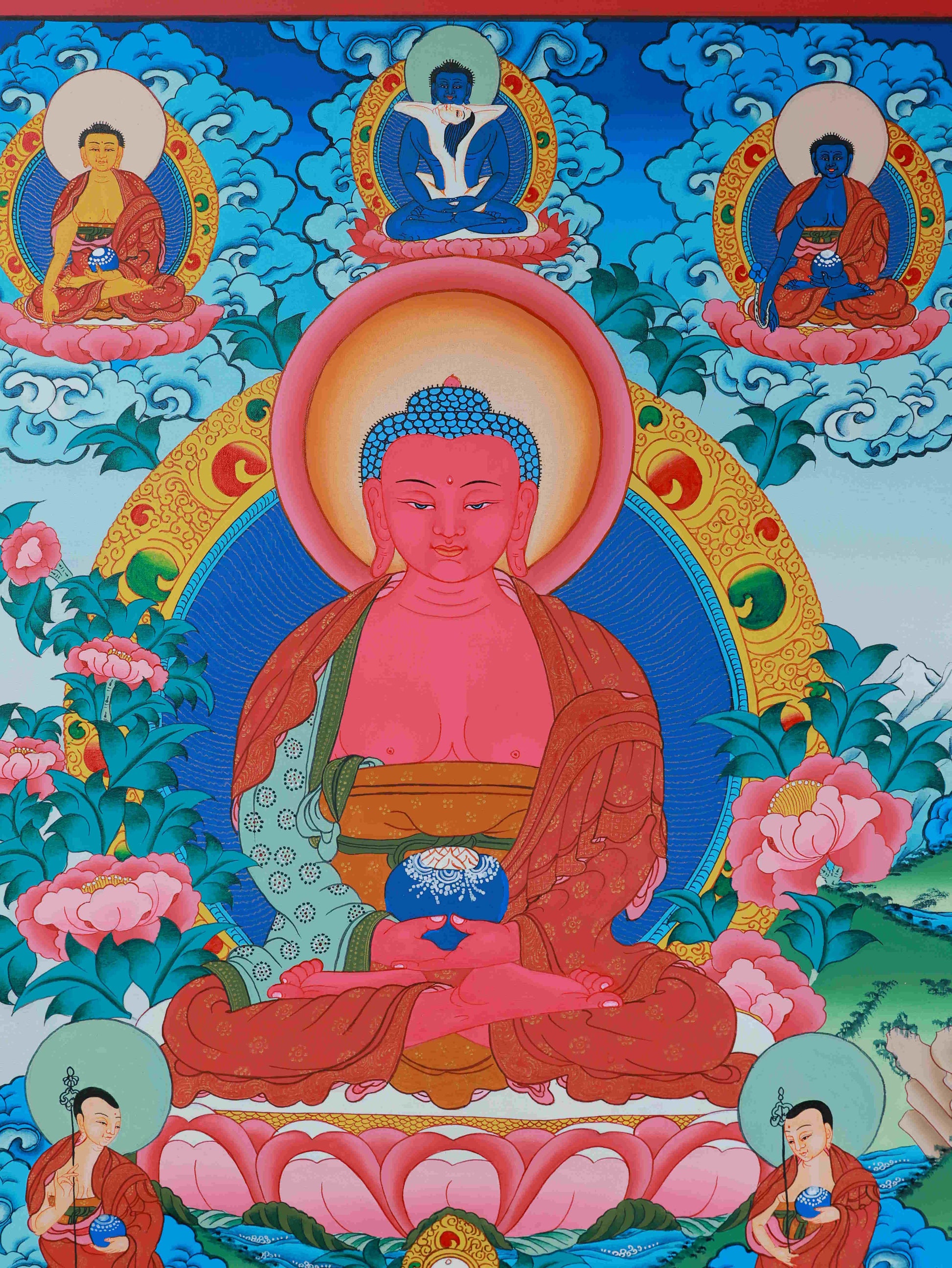 Authentic Tibetan Thangka painting, Medicine Buddha, promoting wisdom, compassion, and protection.