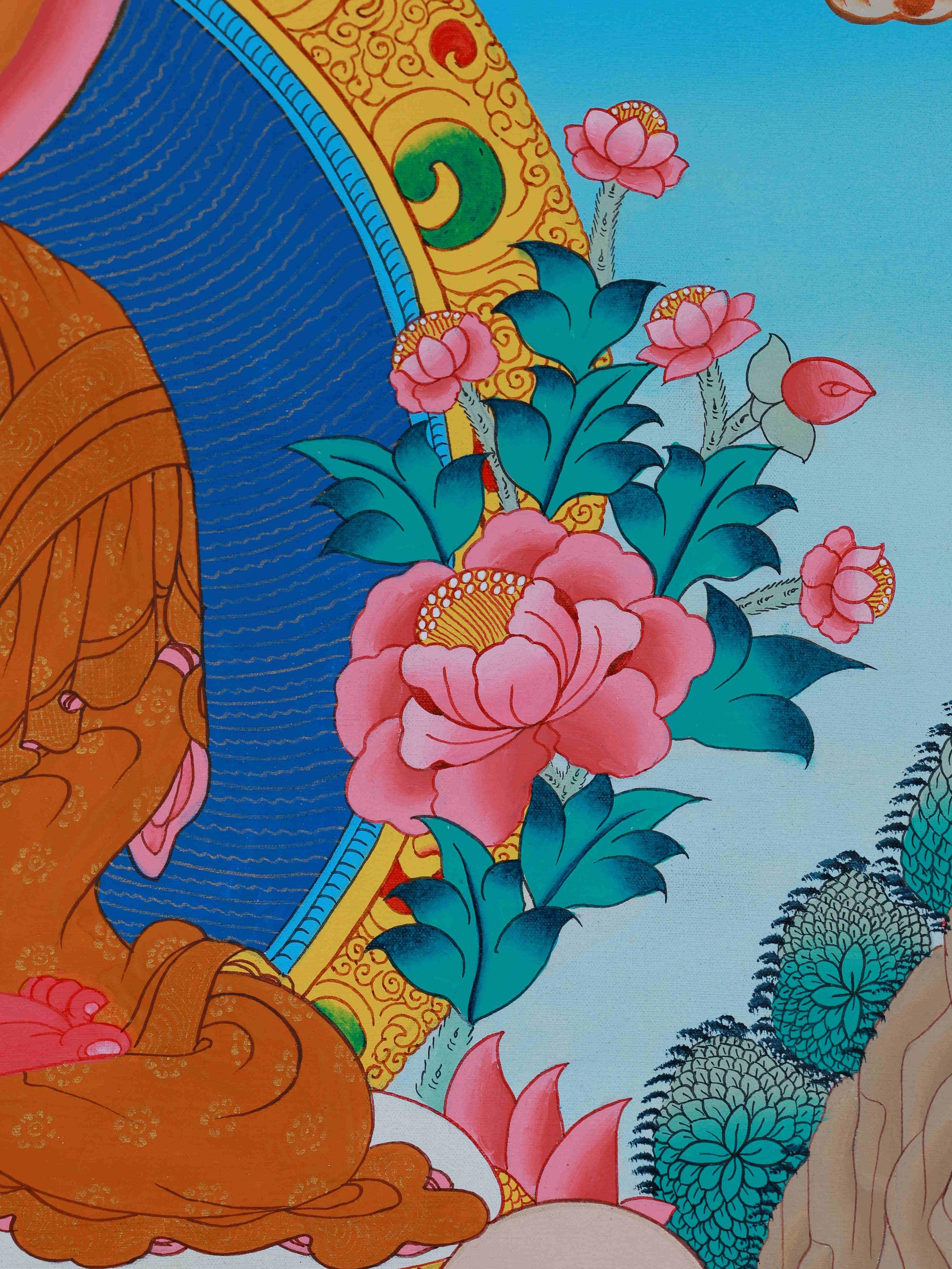 Traditional Tibetan Thangka of Medicine Buddha, hand-painted with mineral pigments for wellness spaces.