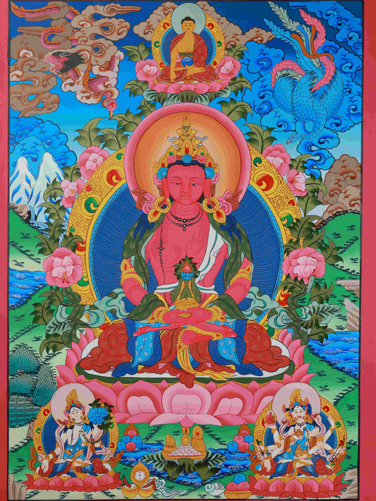 Hand-painted Tibetan Buddhist Medicine Buddha Thangka painting on canvas, symbolizing healing and wisdom.