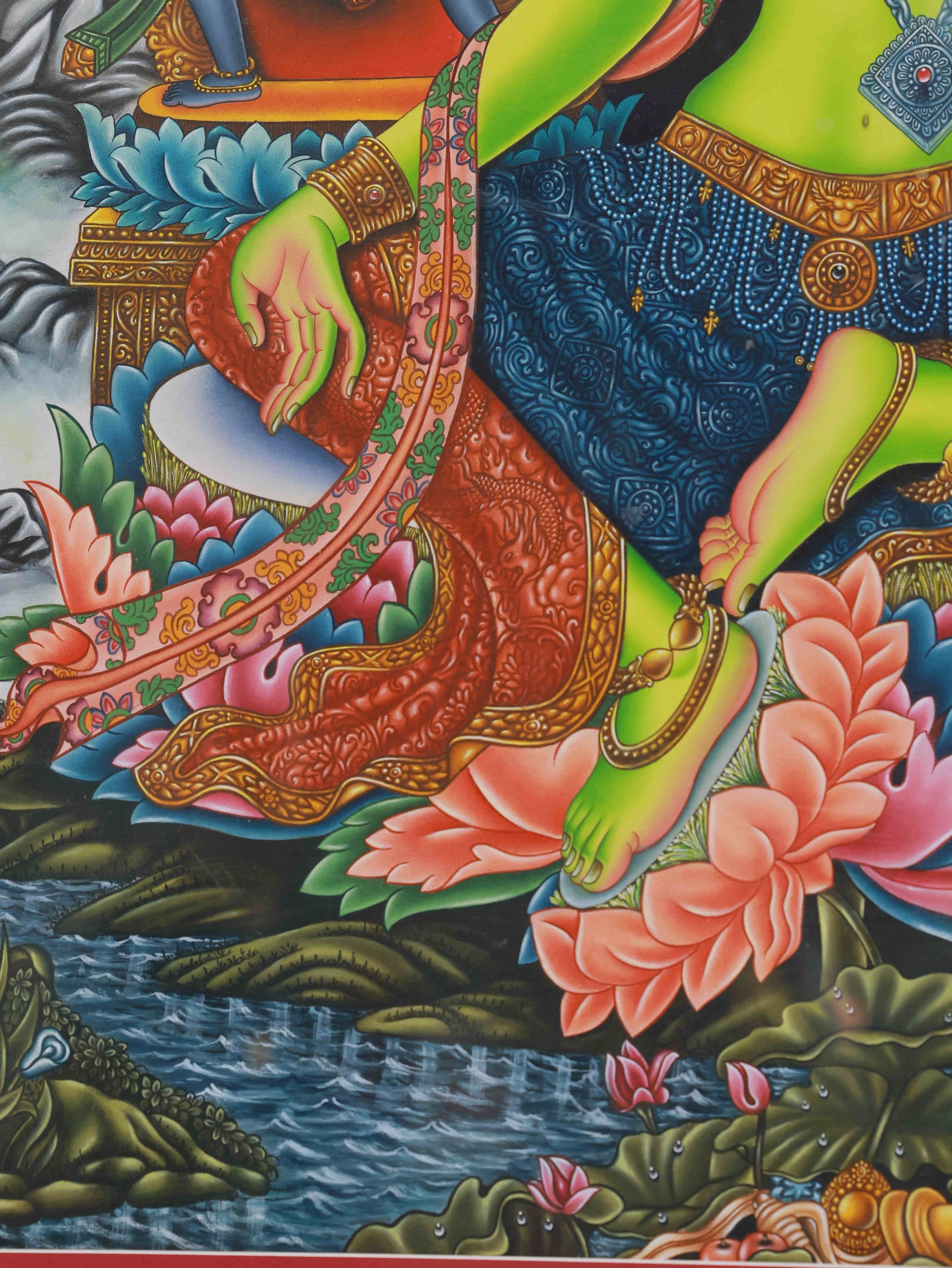 Authentic hand-painted Green Tara Thangka, Newar artistry representing healing and wisdom.