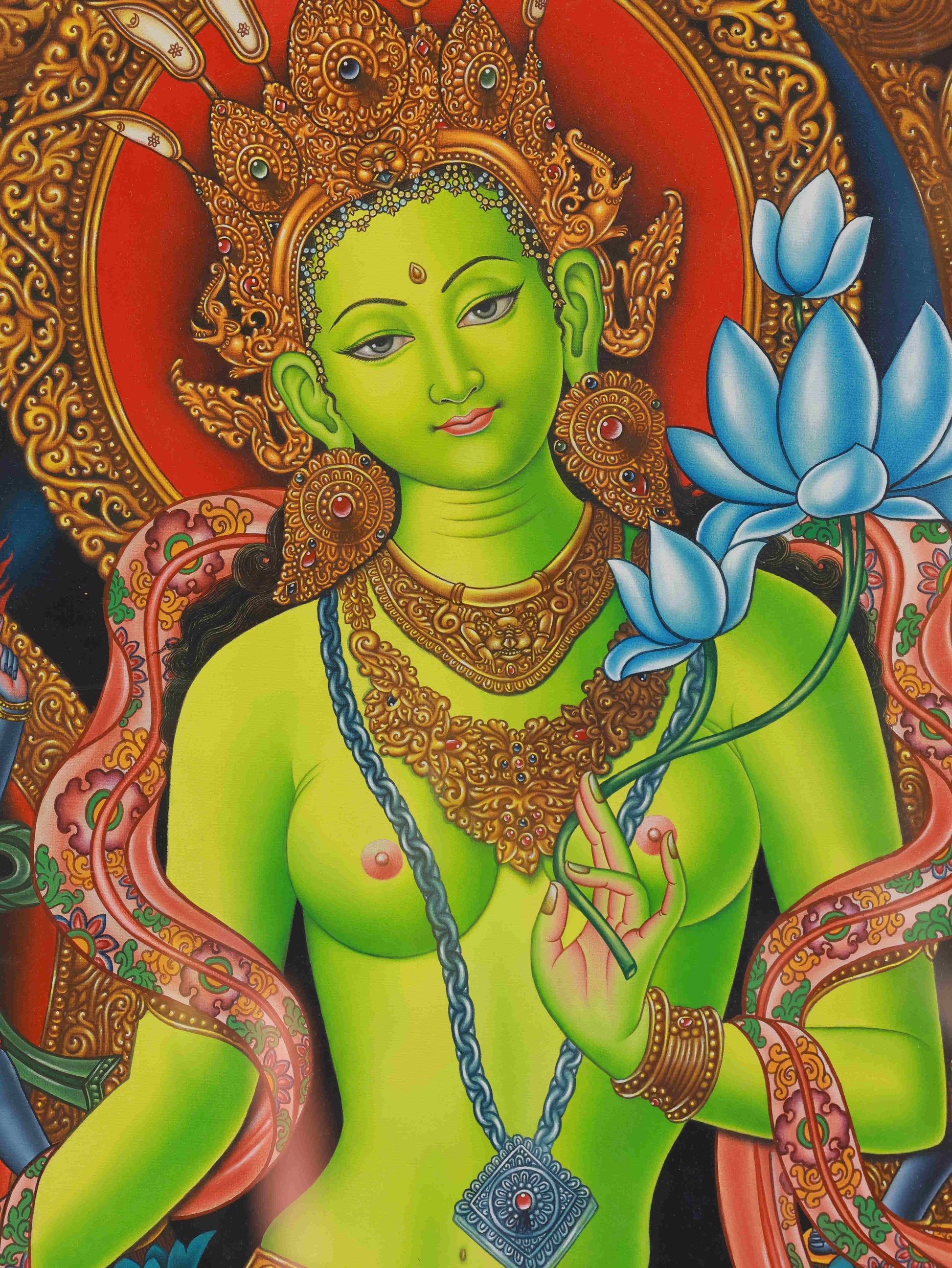 Green Tara Thangka painting, sacred Tibetan Buddhist art of compassion and prosperity.