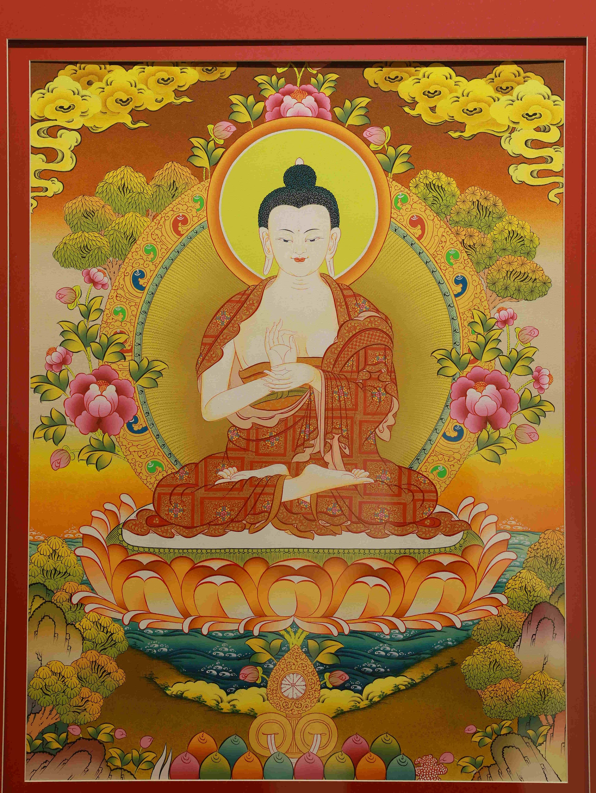 Golden Shakyamuni Buddha Thangka artwork for prosperity, wisdom, and healing.