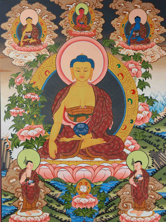Hand-painted Tibetan Buddhist Shakyamuni Buddha Thangka painting on canvas with mineral pigments, traditional Himalayan Buddhist art.